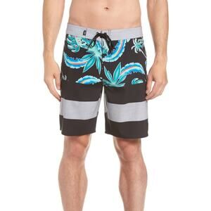 Mens black tropical Vans 4 way stretch board shorts Size 32 inseam 9" New